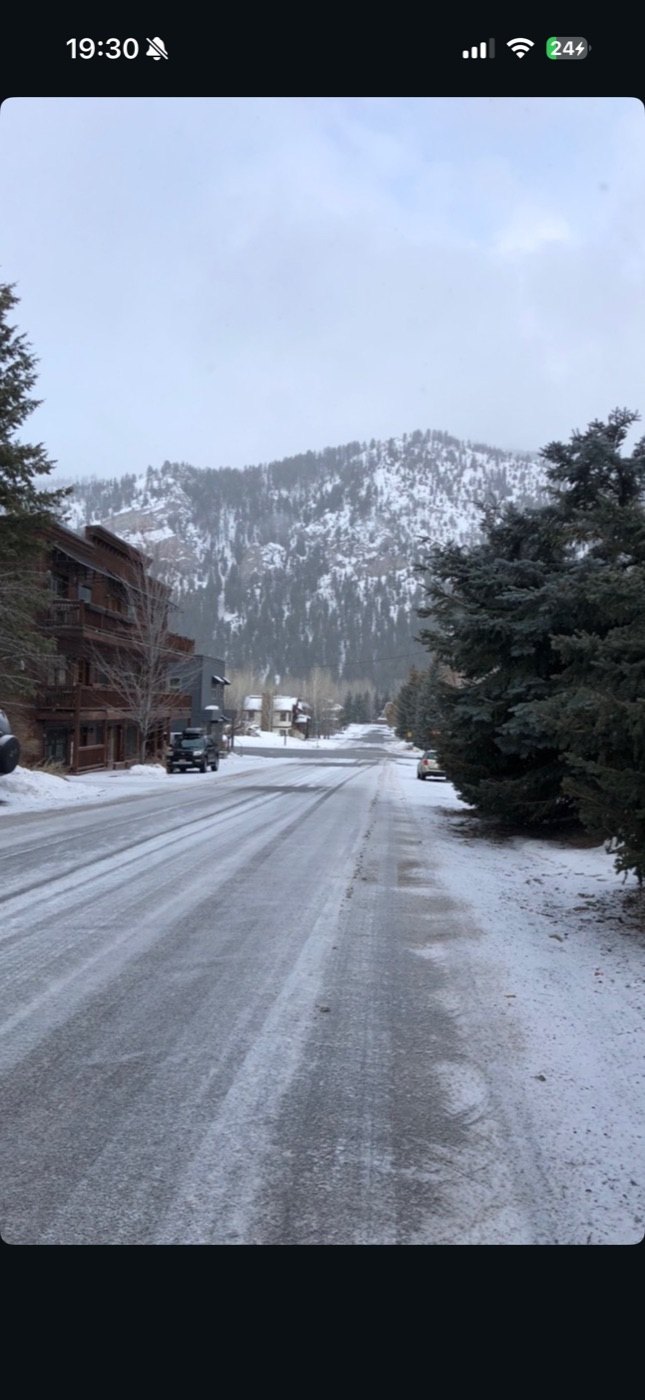 Snowy street in Ketchum, Idaho in winter